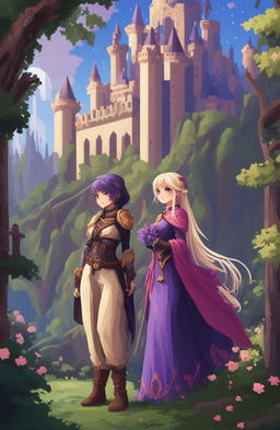 A fantasy video game poster featuring two female protagonists, one with short purple hair and the other with long blonde hair and a fringe, in a romantic, enchanted forest setting with a castle, presented in a 48-bit pixel art style