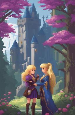 A fantasy video game poster featuring two female protagonists, one with short purple hair and the other with long blonde hair and a fringe, in a romantic, enchanted forest setting with a castle, presented in a 48-bit pixel art style