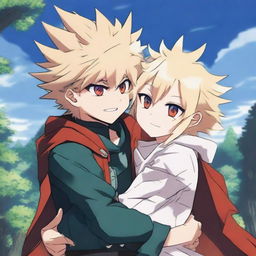 Katsuki Bakugo, a boy with spiky ash-blonde hair and red eyes, dressed in his hero suit, is hugging a girl with long hair that is blonde at the top and blue in the middle and bottom