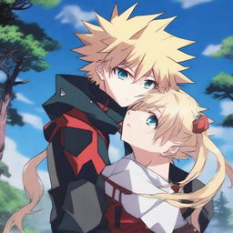 Katsuki Bakugo, a boy with spiky ash-blonde hair and red eyes, dressed in his hero suit, is hugging a girl with long hair that is blonde at the top and blue in the middle and bottom