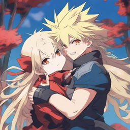 Katsuki Bakugo, a boy with spiky ash-blonde hair and red eyes, dressed in his hero suit, is hugging a girl with long hair that is blonde at the top and blue in the middle and bottom