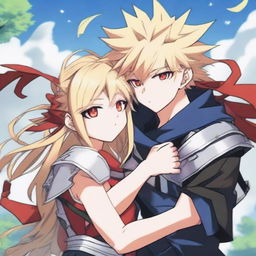 Katsuki Bakugo, a boy with spiky ash-blonde hair and red eyes, dressed in his hero suit, is hugging a girl with long hair that is blonde at the top and blue in the middle and bottom