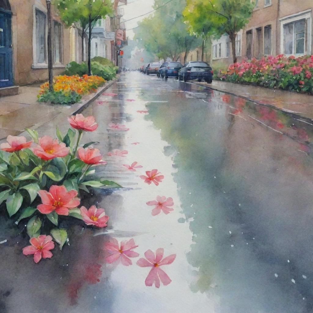 A watercolor painting of a rainy day with vibrant, blooming flowers reflecting in the puddles on the street.