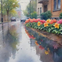 A watercolor painting of a rainy day with vibrant, blooming flowers reflecting in the puddles on the street.