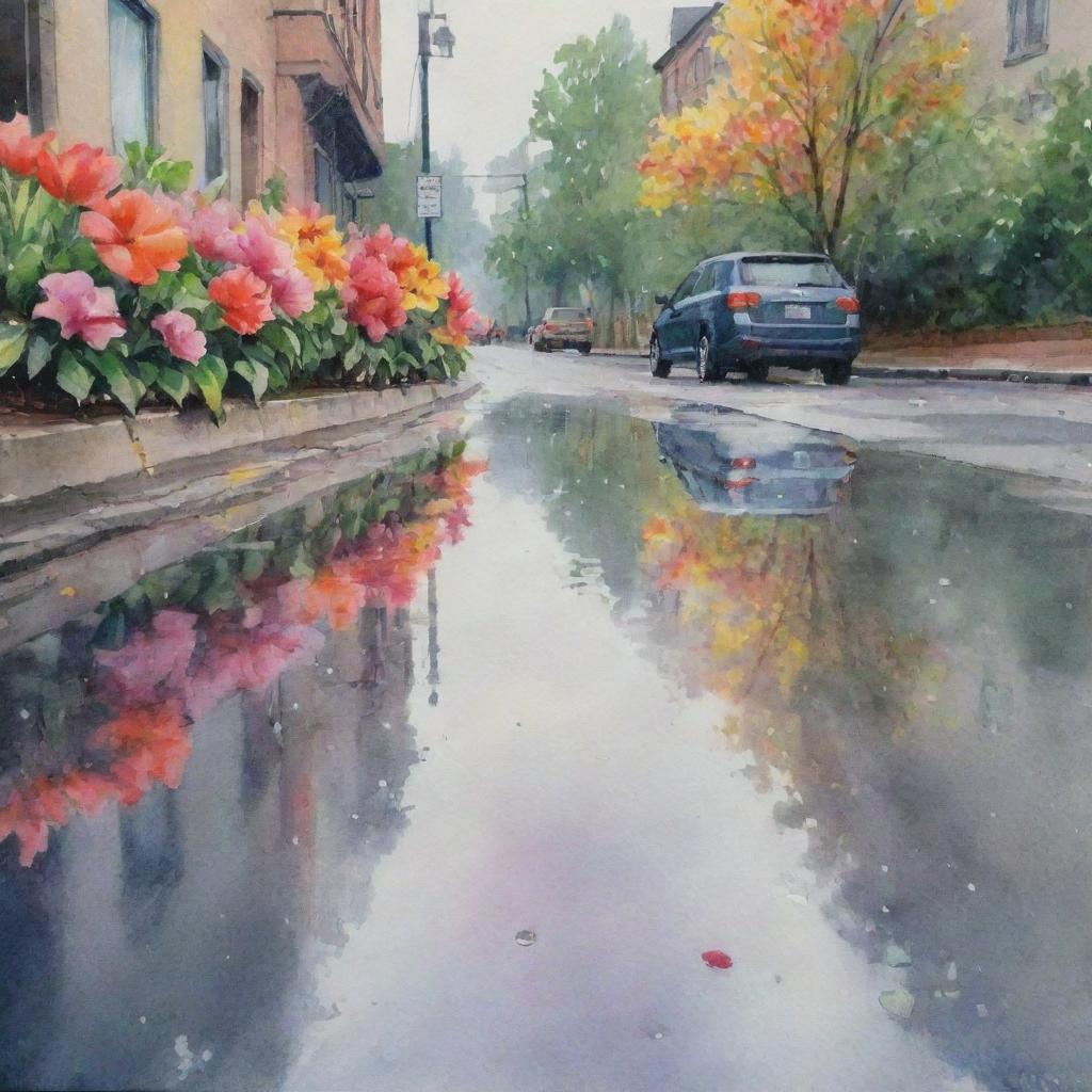 A watercolor painting of a rainy day with vibrant, blooming flowers reflecting in the puddles on the street.