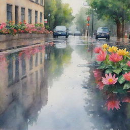 A watercolor painting of a rainy day with vibrant, blooming flowers reflecting in the puddles on the street.