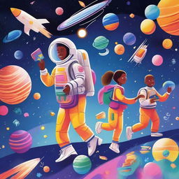 A vibrant and imaginative scene depicting a space journey through the school year