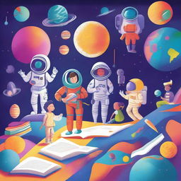 A vibrant and imaginative scene depicting a space journey through the school year