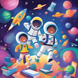 A vibrant and imaginative scene depicting a space journey through the school year