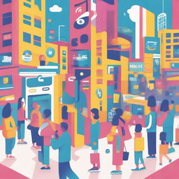 An imaginative illustration showing social media platforms as real-life characters interacting in a vibrant, bustling city