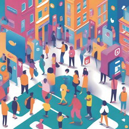 An imaginative illustration showing social media platforms as real-life characters interacting in a vibrant, bustling city