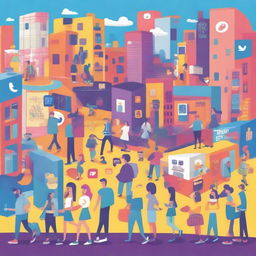 An imaginative illustration showing social media platforms as real-life characters interacting in a vibrant, bustling city