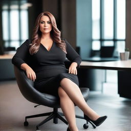 A curvy woman in a black dress sitting confidently in a CEO chair in a modern, stylish office