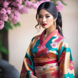 A 25-year-old hot Latina girl wearing a beautiful, traditional kimono