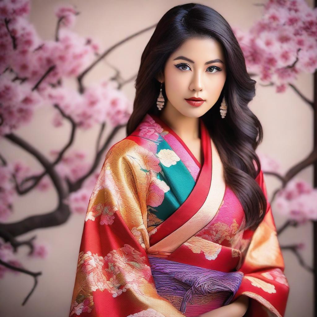 A 25-year-old hot Latina girl wearing a beautiful, traditional kimono