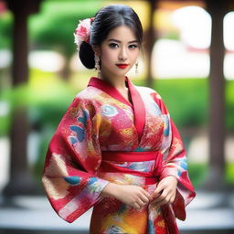 A 25-year-old hot Latina girl wearing a beautiful, traditional kimono