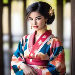 A 25-year-old hot Latina girl wearing a beautiful, traditional kimono