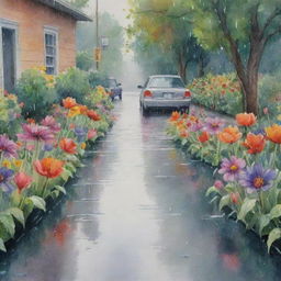 A watercolor depiction of a rainy day, filled with richly colored flowers, streaks of falling rain, and delicate puddles reflecting the vibrant blooms.