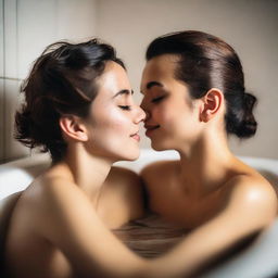 Two lesbian girls sharing a tender kiss in a bathtub