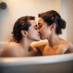 Two lesbian girls sharing a tender kiss in a bathtub