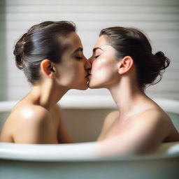 Two lesbian girls sharing a tender kiss in a bathtub