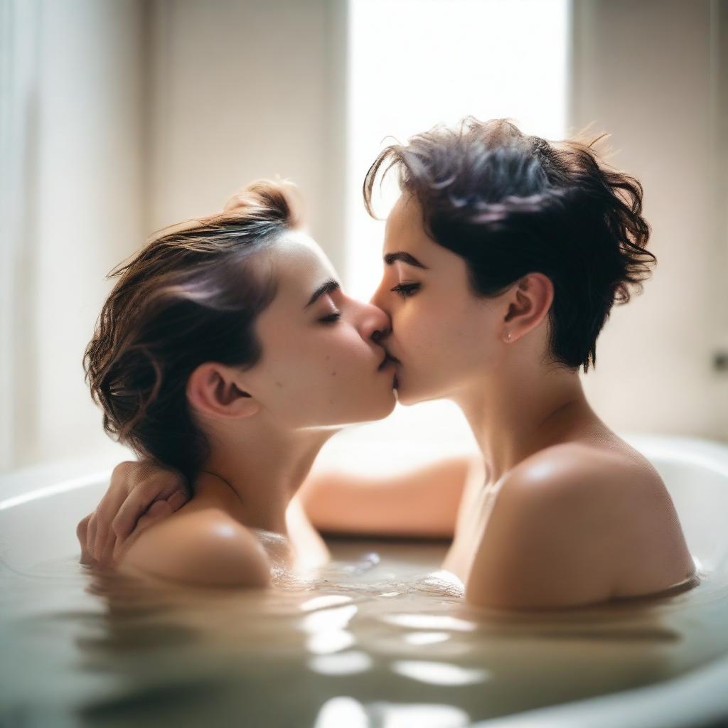 Two lesbian girls sharing a tender kiss in a bathtub