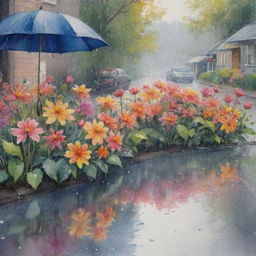 A watercolor depiction of a rainy day, filled with richly colored flowers, streaks of falling rain, and delicate puddles reflecting the vibrant blooms.