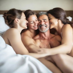 A husband and his two wives sharing a romantic moment in bed