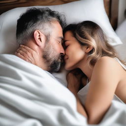 A husband and wife sharing a tender kiss while lying in bed