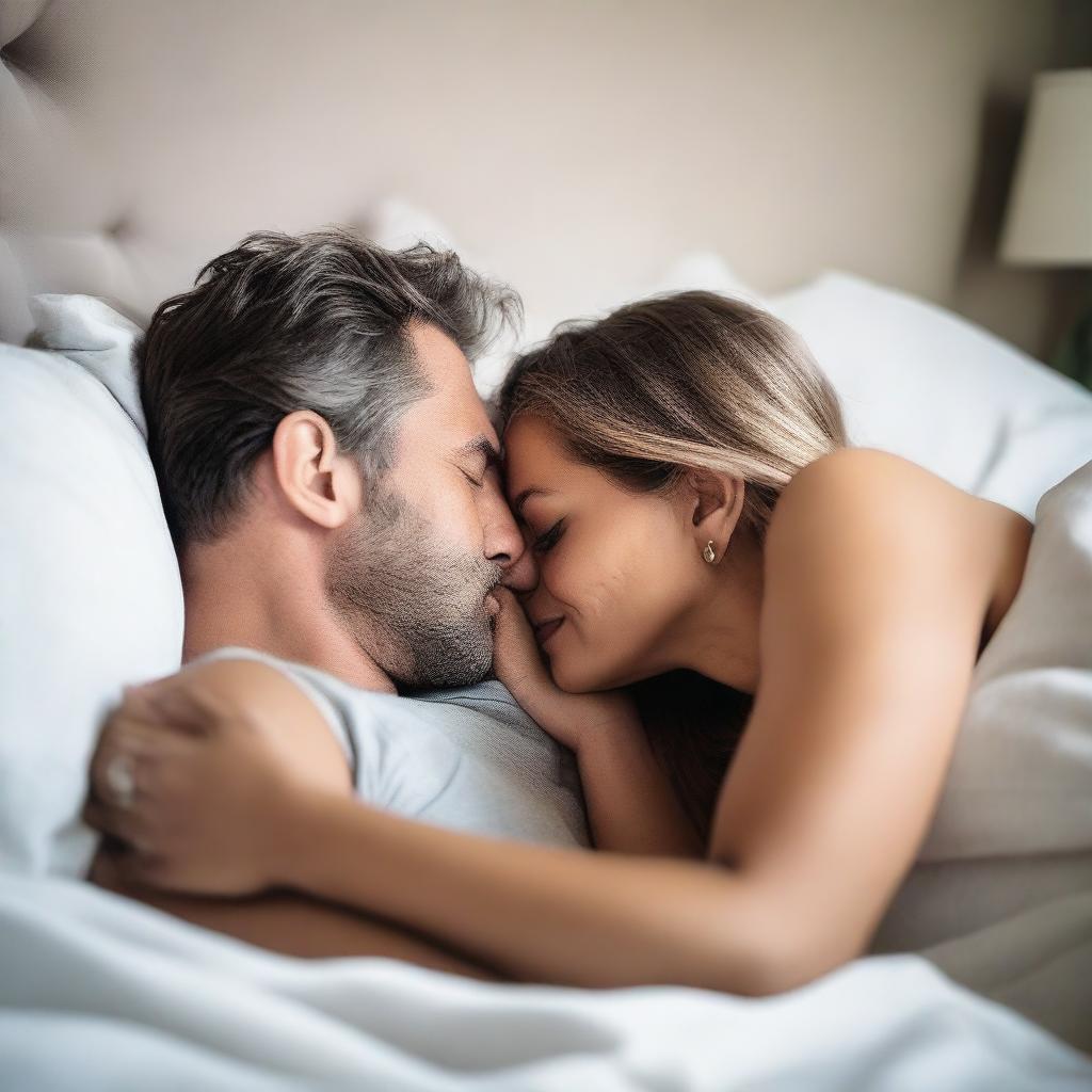 A husband and wife sharing a tender kiss while lying in bed