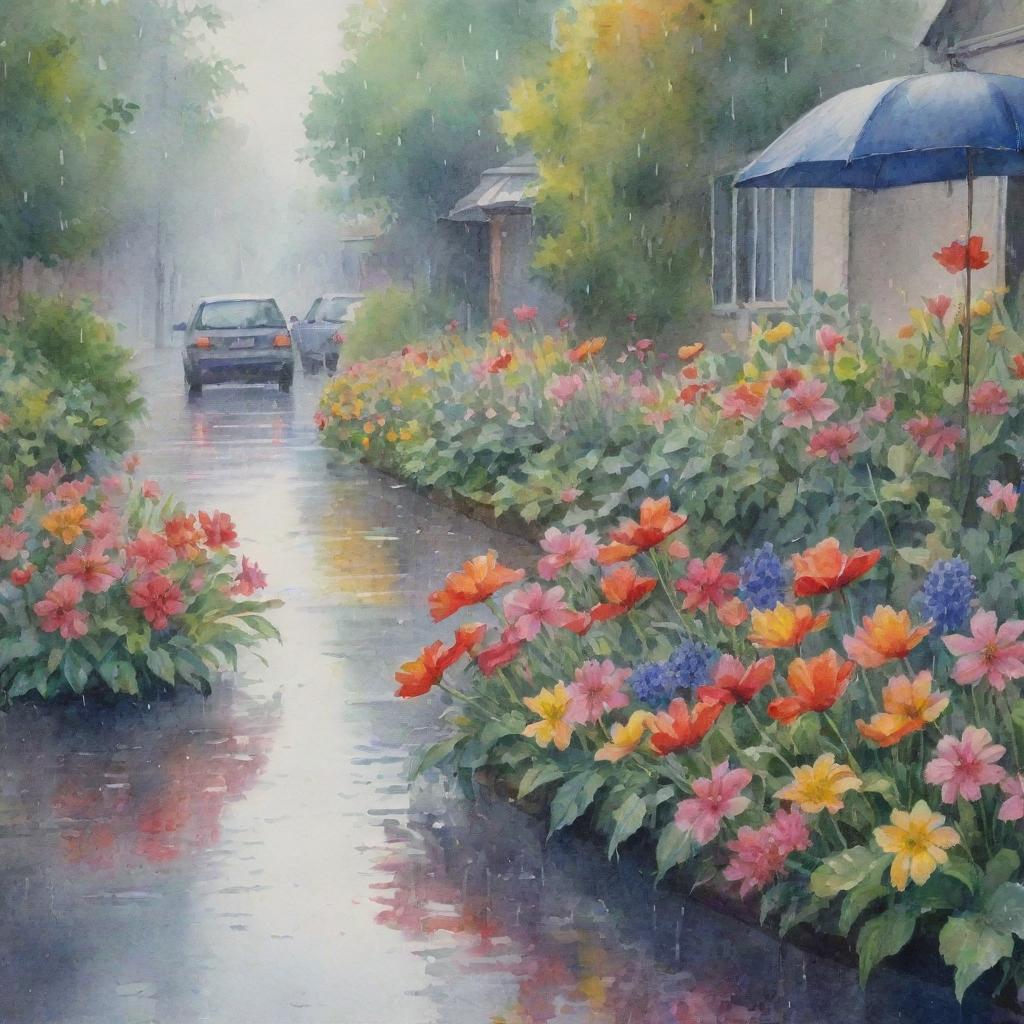 A watercolor depiction of a rainy day, filled with richly colored flowers, streaks of falling rain, and delicate puddles reflecting the vibrant blooms.