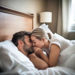 A husband and wife sharing a tender kiss while lying in bed