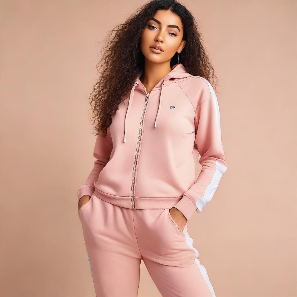 A girl with medium-sized boobs wearing a stylish tracksuit