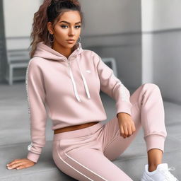 A girl with medium-sized boobs wearing a stylish tracksuit