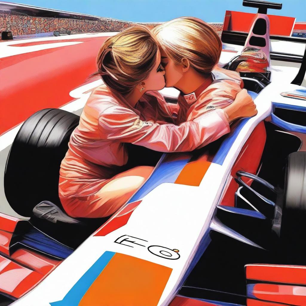 Two lesbian girls sharing a passionate kiss on top of a Formula 1 car