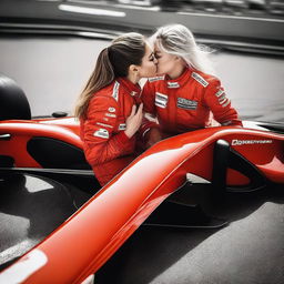 Two lesbian girls sharing a passionate kiss on top of a Formula 1 car