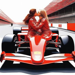 Two lesbian girls sharing a passionate kiss on top of a Formula 1 car