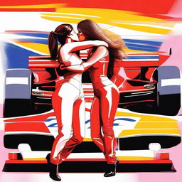 Two lesbian girls sharing a passionate kiss on top of a Formula 1 car