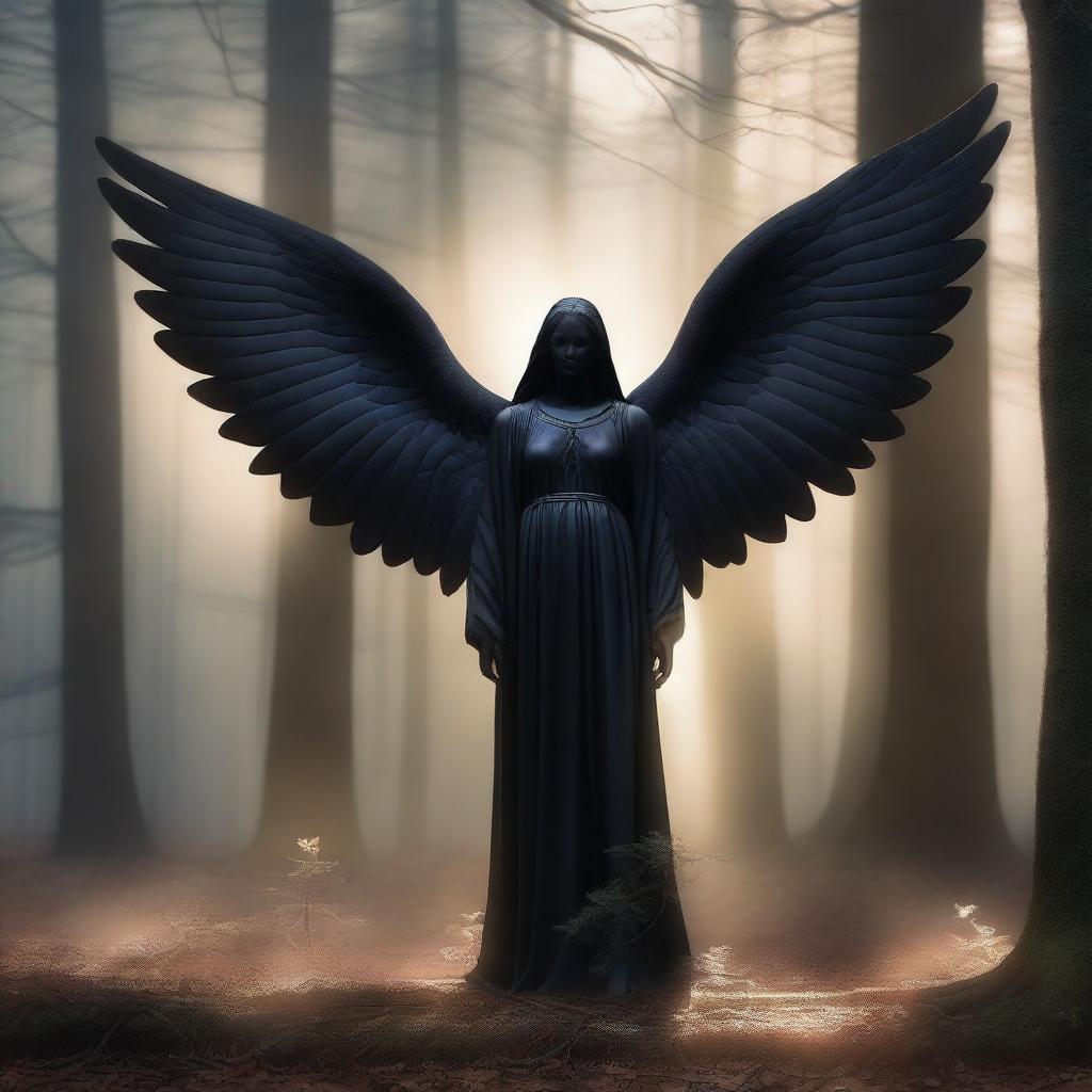 A serene forest setting with a black angel standing amidst the trees