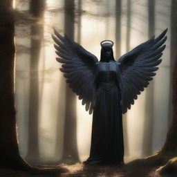 A serene forest setting with a black angel standing amidst the trees