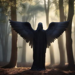 A serene forest setting with a black angel standing amidst the trees