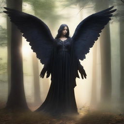 A serene forest setting with a black angel standing amidst the trees