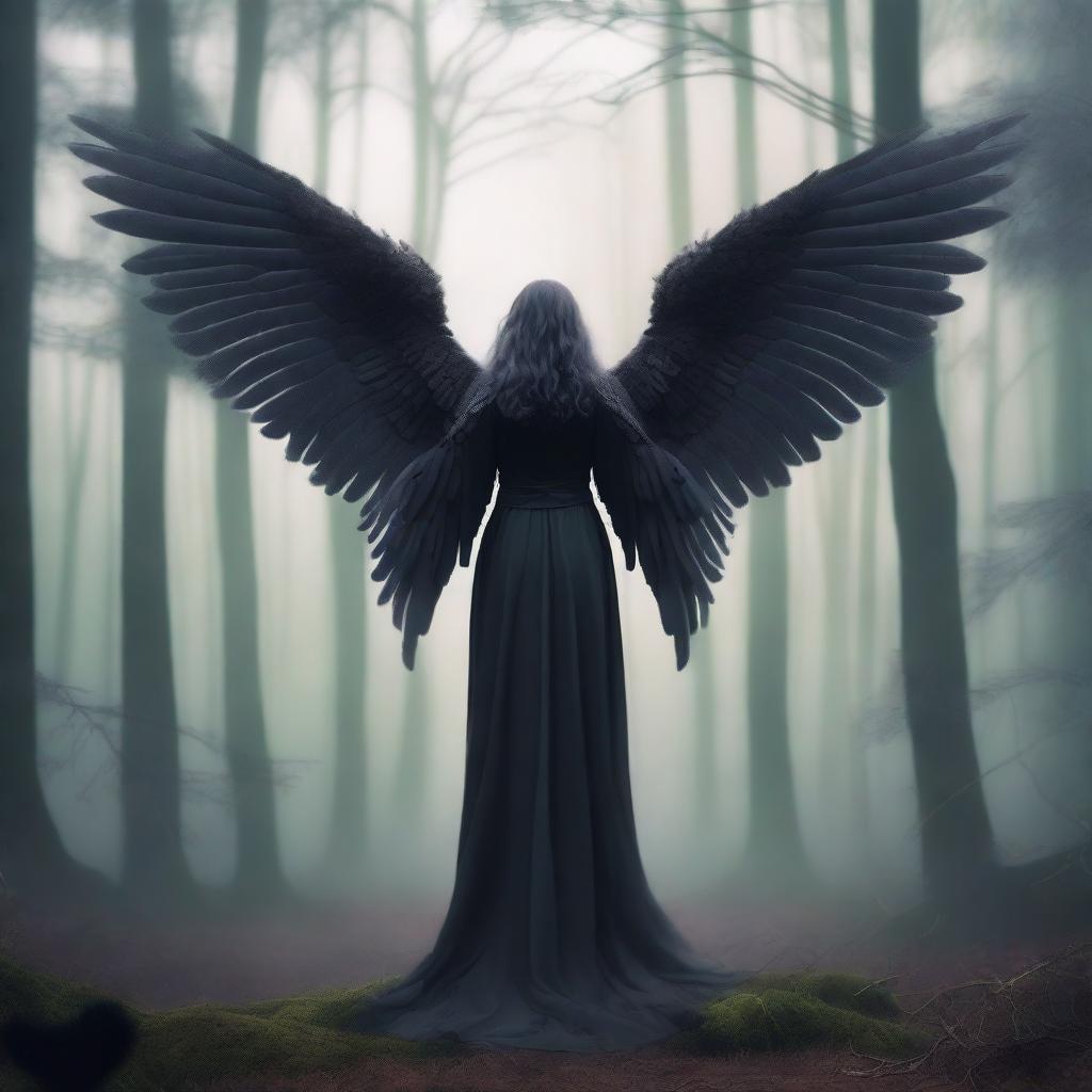 A dark angel standing in the middle of a mystical forest, with wings spread wide