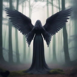 A dark angel standing in the middle of a mystical forest, with wings spread wide