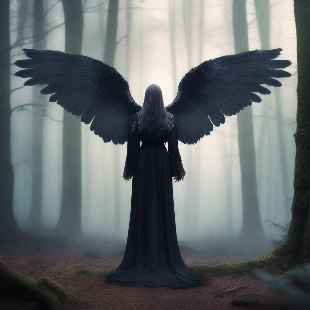 A dark angel standing in the middle of a mystical forest, with wings spread wide