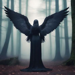 A dark angel standing in the middle of a mystical forest, with wings spread wide