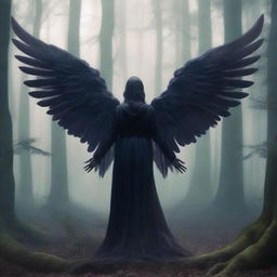 A dark angel standing in the middle of a mystical forest, with wings spread wide