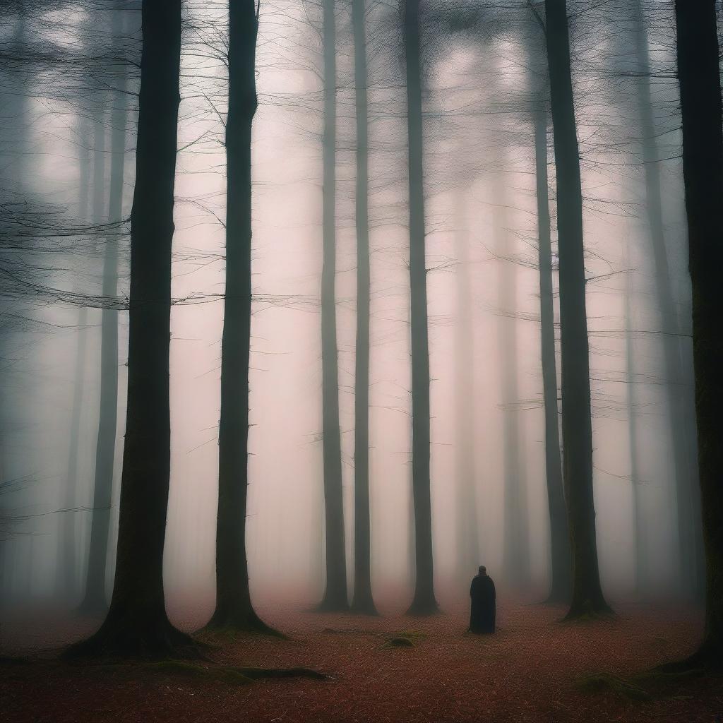 A person standing in the middle of the Black Forest, surrounded by tall, dark trees