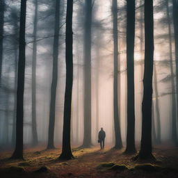 A person standing in the middle of the Black Forest, surrounded by tall, dark trees