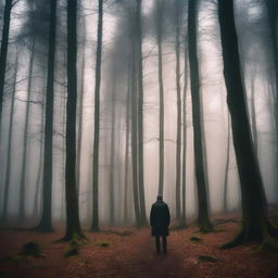 A person standing in the middle of the Black Forest, surrounded by tall, dark trees